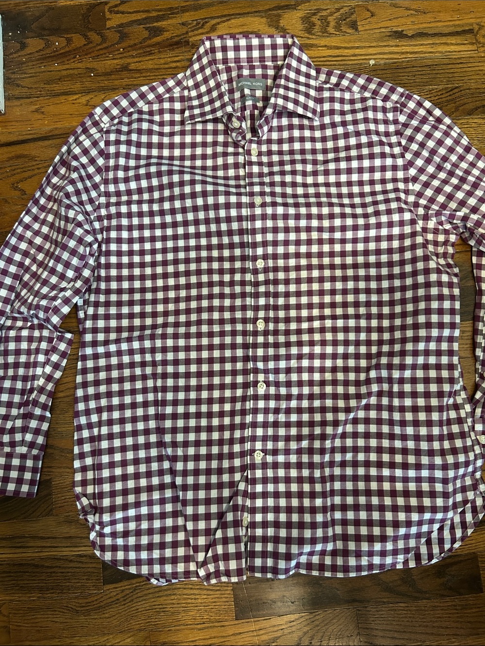 Michael Kors Burgundy and White Gingham Dress Shirt